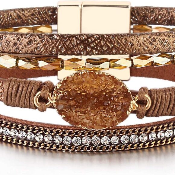 Unique Brown Leather Bracelet with Resin Stones & Crystal - Perfect Gift 7.7" - Picture 1 of 7